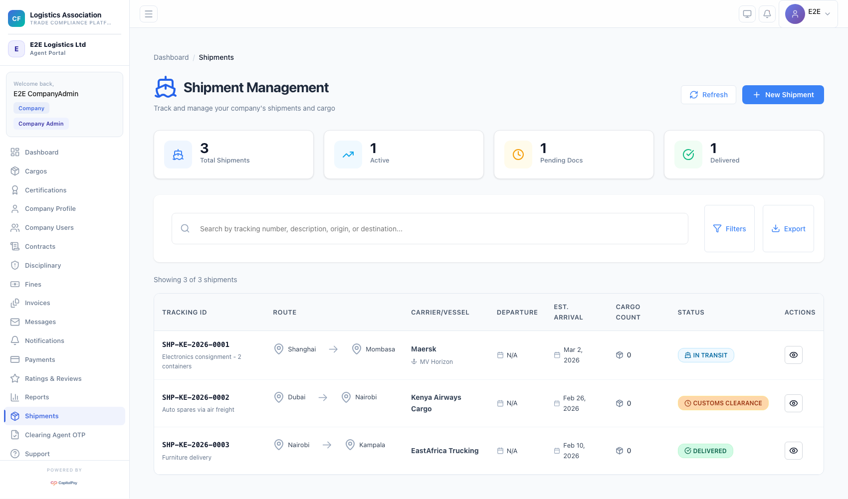 Company shipment management