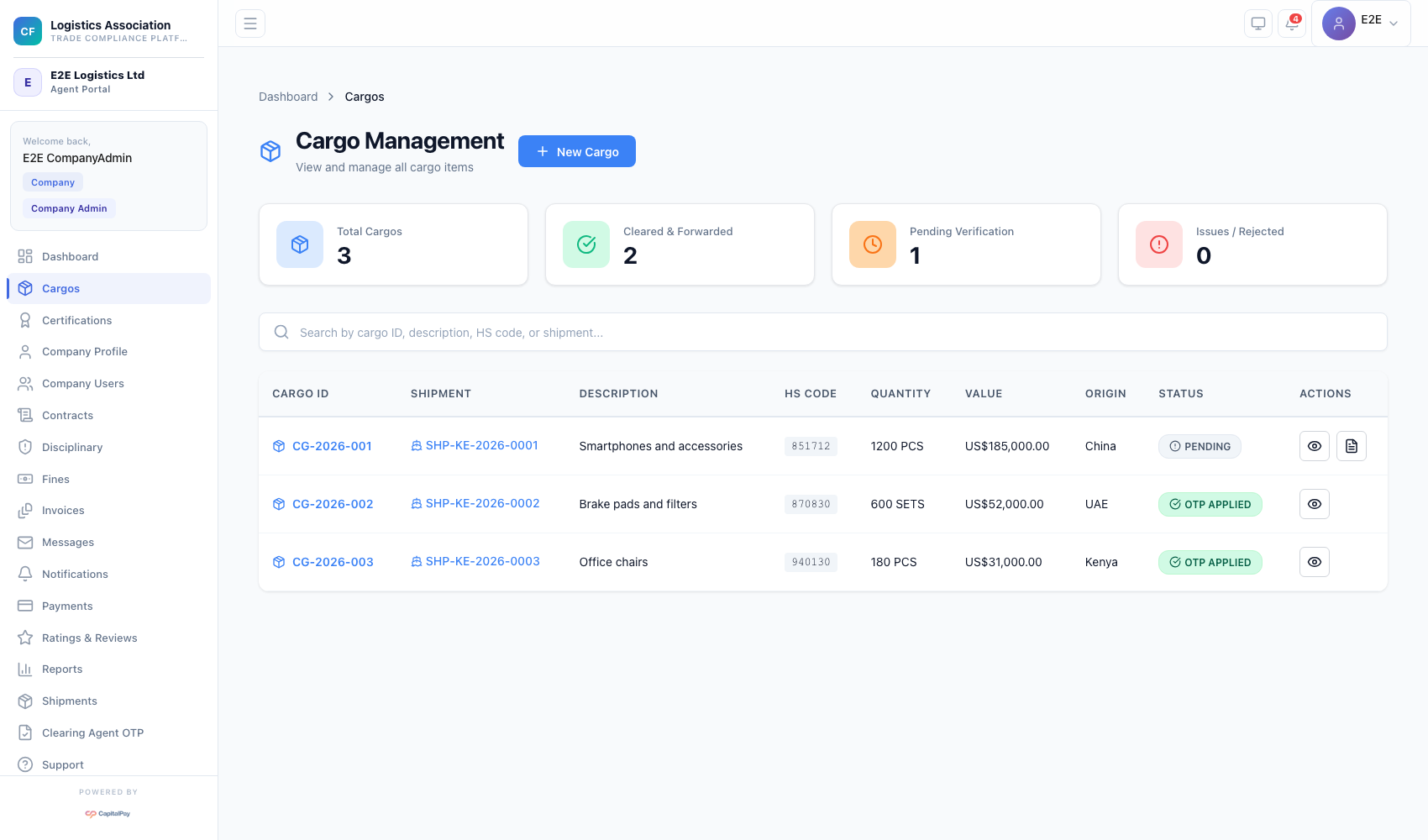 Company cargo management