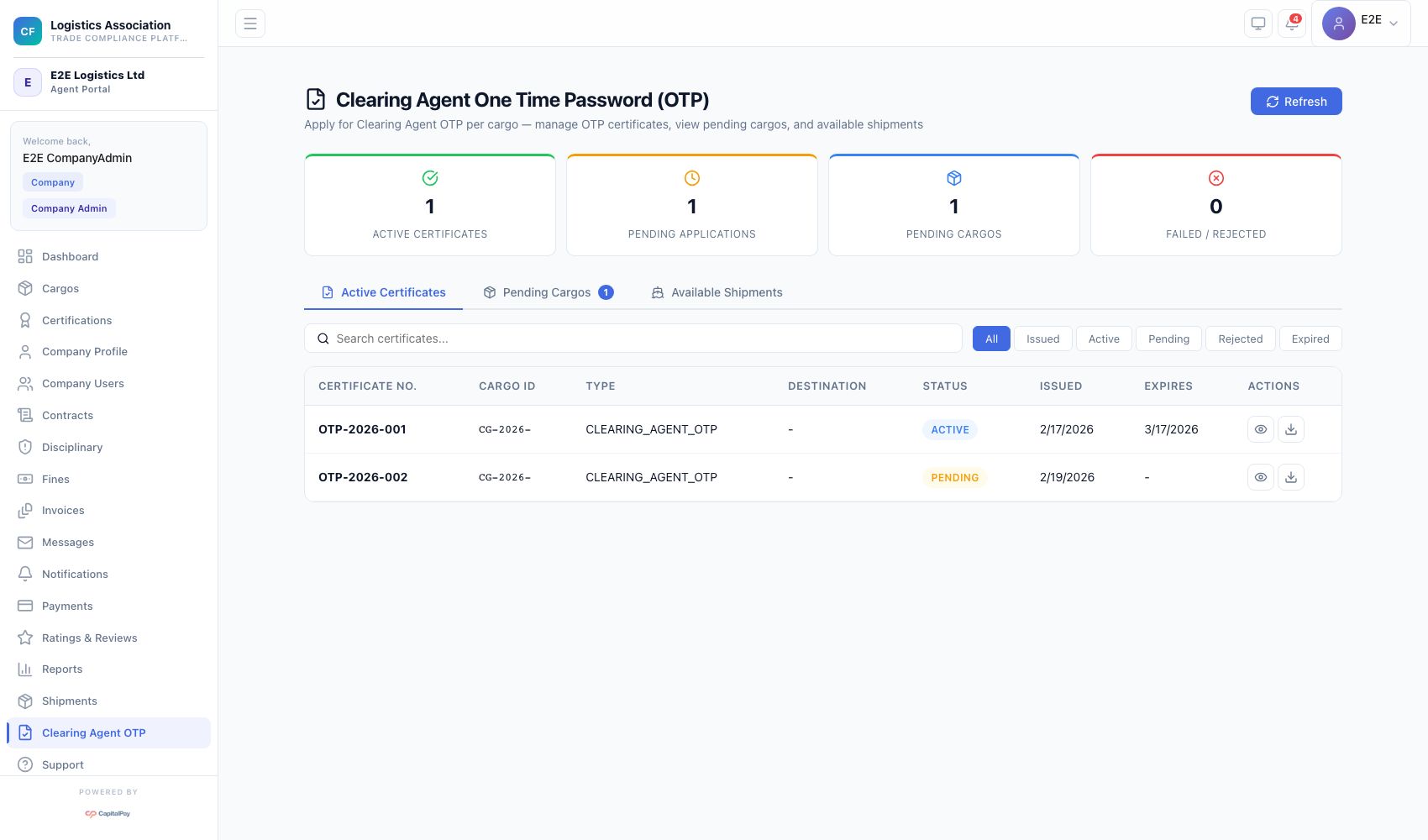 Company clearing agent OTP