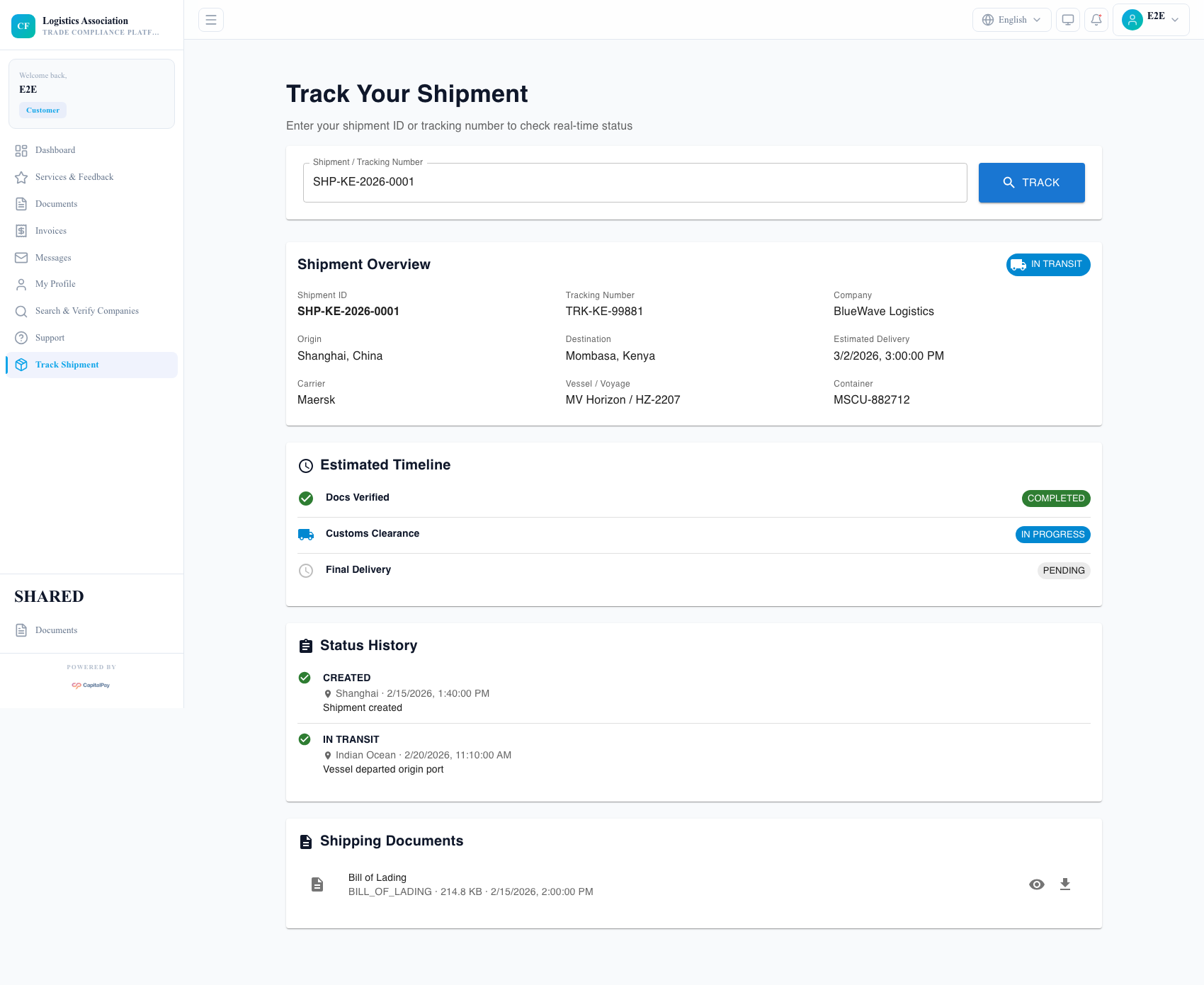 Customer track shipment